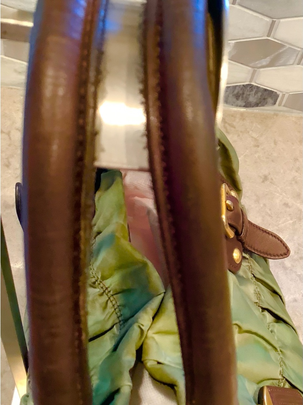 Prada Gaufre Olive Green Nylon Tote w/ Brown Leather Trim. PreLoved w/ sling - Picture 6 of 15